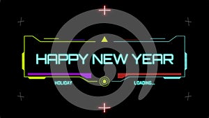 Happy New Year text on digital screen with HUD elements