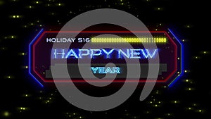 Happy New Year text on digital screen with HUD elements