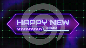 Happy New Year text on digital screen with HUD elements and grid