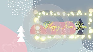Happy new year text and fairy lights against christmas tree icons, topography and abstract shapes