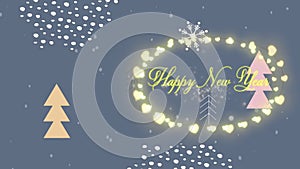 Happy new year text and fairy lights over snow falling on christmas tree icons and abstract shapes