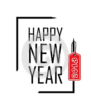 Happy New Year text in focus frame. Black border and font Happy New Year, isolated on white background. Stringent design photo