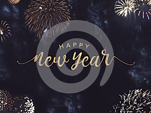 Happy New Year Text with Gold Fireworks in Night Sky
