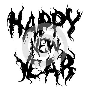 Happy New Year text. Hand drawn lettering in goth style. Black letters illustration in horror style. Fashionable style