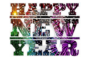 Happy new year text made from fireworks on white background