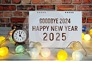 Happy New Year 2025 text message with alarm clock and LED cotton balls decoration