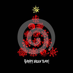 Happy new year text. Red snowflake Christmas tree on black background. Christmas vector card