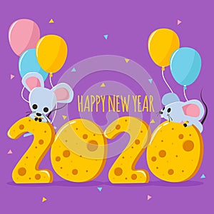 Happy new year with text shaped like cheese, mouse and colorful balloons vector