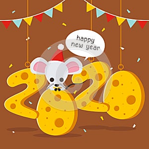 Happy new year with text shaped like cheese, mouse and triangle flag vector