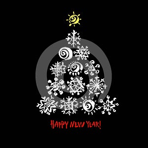 Happy new year text. White snowflake Christmas tree on black background. Christmas vector card