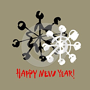 Happy new year text. White snowflake on gray background. White, black and red brush calligraphy. Vector holidays card