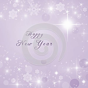 Happy New Year text written on purple bright sparkly winter background. New Year card