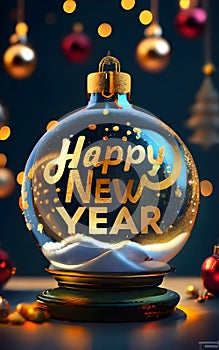 Happy New Year, text, Xmas ornaments Glass ball with snow inside.