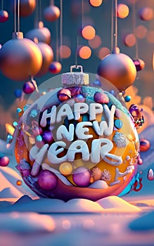 Happy New Year, text, Xmas ornaments Glass ball with snow inside.