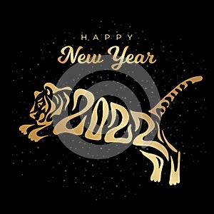 Happy New year 2022. The year of the tiger of lunar Eastern calendar. Creative tiger logo and number 2022 on a black background.