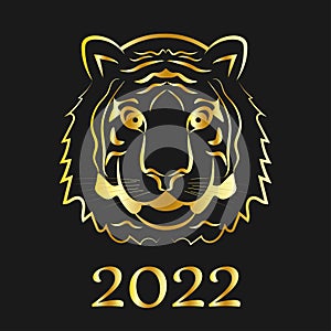 Happy New year 2022. The year of the tiger of lunar Eastern calendar. Creative tiger logo and number 2022 on a black background.