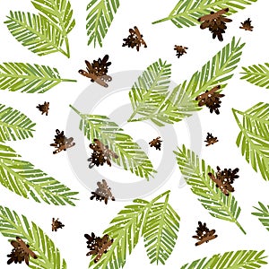 Happy New Year tiled ornament. Vector seamless pattern with fir twigs and pine cones. Hand drawn tile Christmas floral background