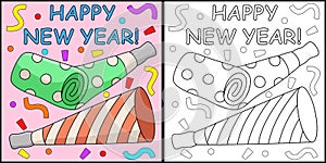 Happy New Year Trumpet Coloring Page Illustration