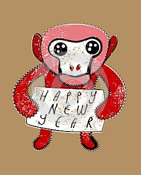 Happy New Year! Typographic Christmas greeting card design with monkey. Grunge vector illustration.