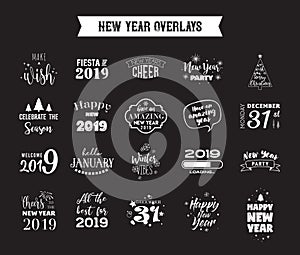 Happy New Year 2019 typographic emblems set. Vector logo, text design. Black, white and gold. Usable for banners