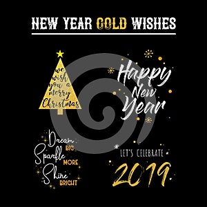Happy New Year 2019 typographic emblems set. Vector logo, text design. Black, white and gold. Usable for banners