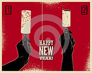 Happy New Year! Typographic grunge vintage Christmas card design with ice cream funny instruction. Hand holds ice cream.