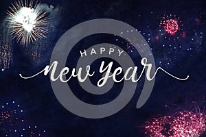 Happy New Year Typography with Fireworks in Night Sky