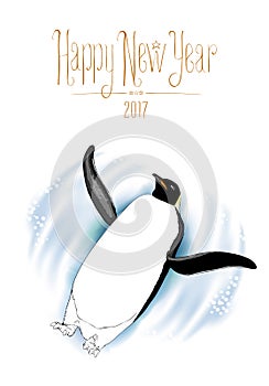 Happy New Year vector greeting card with penguin