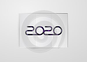 Happy New 2020 Year. Vector holiday illustration. White fold paper cut style white background with purple golden glittering spray