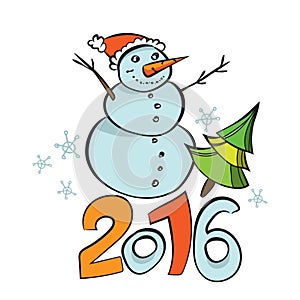 Happy 2016 New Year. Vector illustrated cartoon post card. Winter poster template. Christmas background