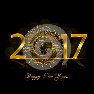 Happy New Year 2017. Vector illustration with gold clock