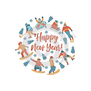 Happy new year. Vector illustration. A set of characters engaged in winter sports and recreation.