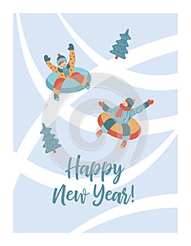 Happy New Year. Vector illustration. A set of characters engaged in winter sports and recreation.