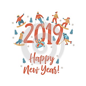 Happy New Year. Vector illustration. A set of characters engaged in winter sports and recreation.