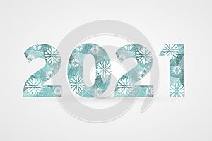 2021 Happy New Year vector illustration. Winter holiday snow symbol. Polygonal gign with snowflakes for decoration photo