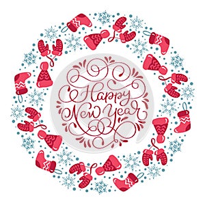 Happy New Year vector scandinavian calligraphic vintage text. Winter Christmas Wreath with xmas phrase. Greeting card