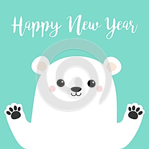 Happy New Year. White polar bear holding hands paw print. Cute cartoon funny kawaii baby character. Merry Christmas. Greeting Card