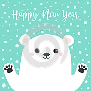 Happy New Year. White polar bear holding hands paw print. Cute cartoon funny kawaii baby character. Merry Christmas. Greeting Card