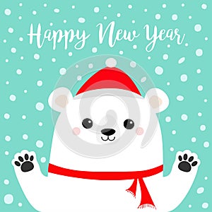 Happy New Year. White polar bear holding hands paw print. Red scarf, hat. Cute cartoon funny kawaii baby character. Merry