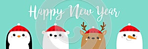 Happy New Year. White polar bear Snowman Raindeer Deer Penguin bird face head icon set. Merry Christmas. Cute cartoon kawaii funny