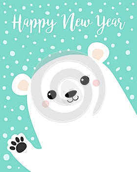 Happy New Year. White polar bear waving hand paw print. Cute cartoon funny kawaii baby character. Merry Christmas Greeting Card.