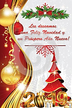Happy New Year - white and red greeting card with text in Spanish