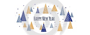 Happy New Year - winter banner background. Vector illustration in flat style - Christmas decorative fir trees and