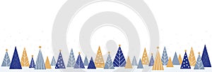 Happy New Year - winter banner background. Vector illustration in flat style - Christmas decorative fir trees and