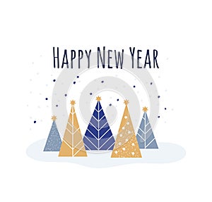 Happy New Year - winter card. Vector illustration in flat style - Christmas decorative fir trees and falling snow.