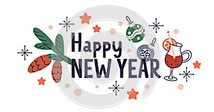 Happy New Year, winter holiday sticker. Festive decoration design with newyear season elements, bauble, snowflake, fir