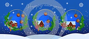 Happy New year. Winter house in glass ball. Greeting card design