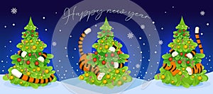 Happy New year. Winter tree with tiger. Greeting card design