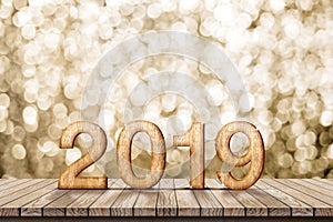 2019 happy new year wood number 3d rendering on wood table wit