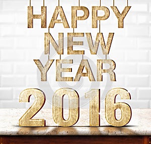 Happy New Year 2016 wood texture on marble table with white ceramic tile wall,Holiday concept